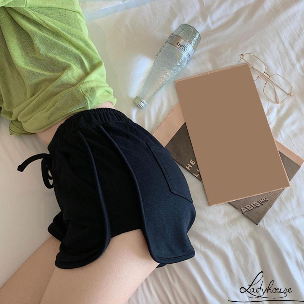 Quần short lưng cao màu trơn có dây rút và túi cho người lớn size S/M/L/XL/XXL