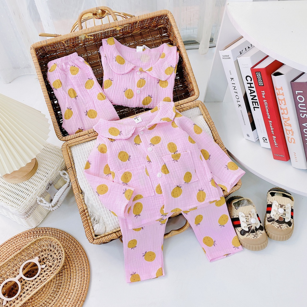 DT74 Bộ Dài Tay Vải Xô Muslin Nữ Siêu Hot Họa Tiết Hoa Quả Cho Bé Cực Xinh Chất Vải Xô Size Từ 7-18KG VNXK Nhật-Hàn