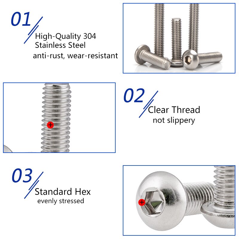 Bu Lông Lục Giác Chìm Đầu Tròn Bằng Thép Không Gỉ 3mm-40mm m2 304