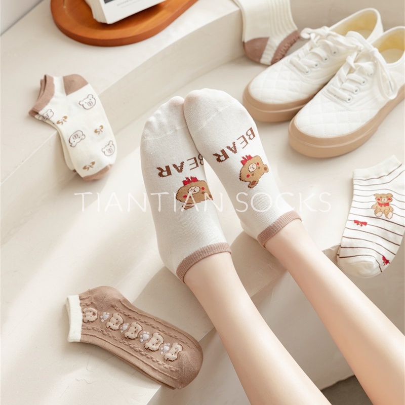 TIANTIAN T205 Tất  nữ cổ ngắn Vớ Cotton Mỏng Nhẹ In Họa Tiết Hoạt Hình Phong Cách Nhật Bản Dễ Thương Thời Trang Xuân Hè
