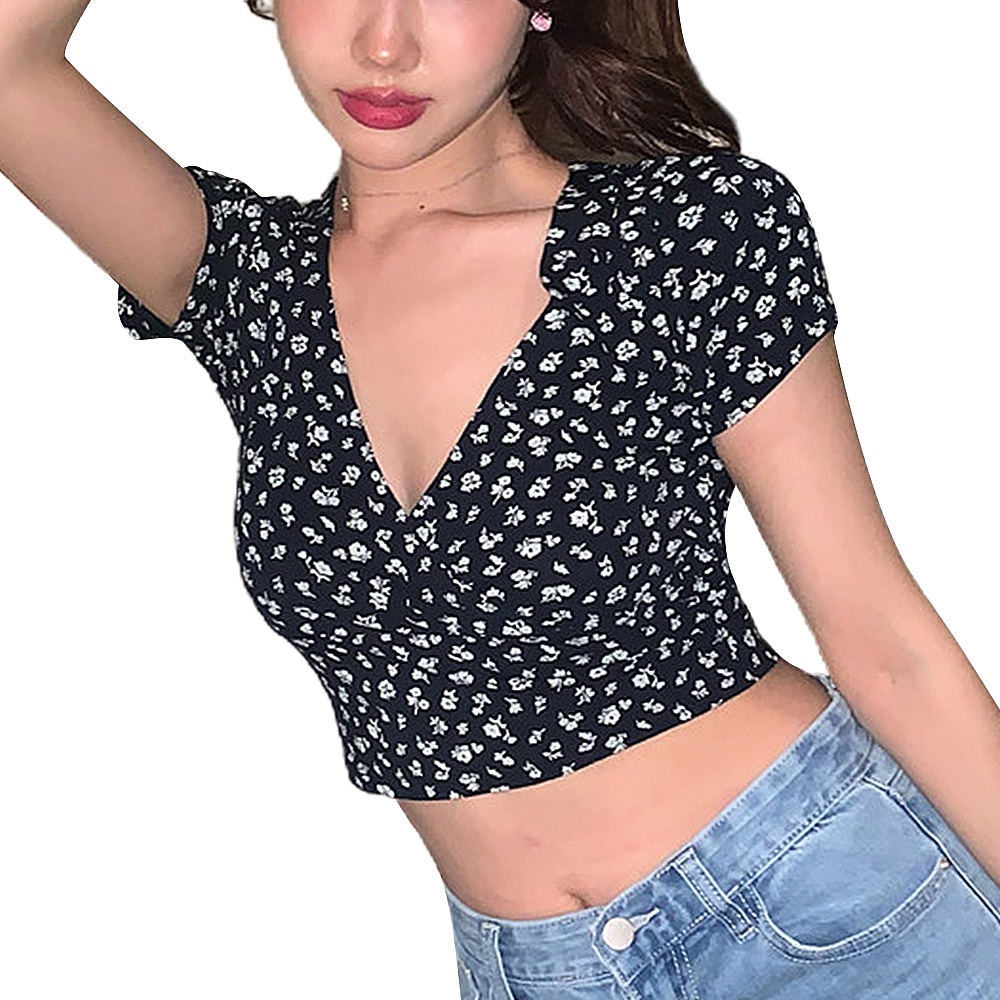 Áo croptop tay ngắn cổ chữ V in hoa quyến rũ thời trang phong cách Hàn Quốc cho nữ
