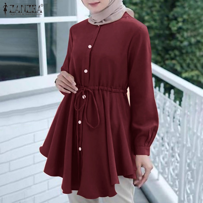 Áo nữ ZANZEA dáng xòe tay dài cổ tròn kích thước rộng phong cách thời trang Hồi Giáo