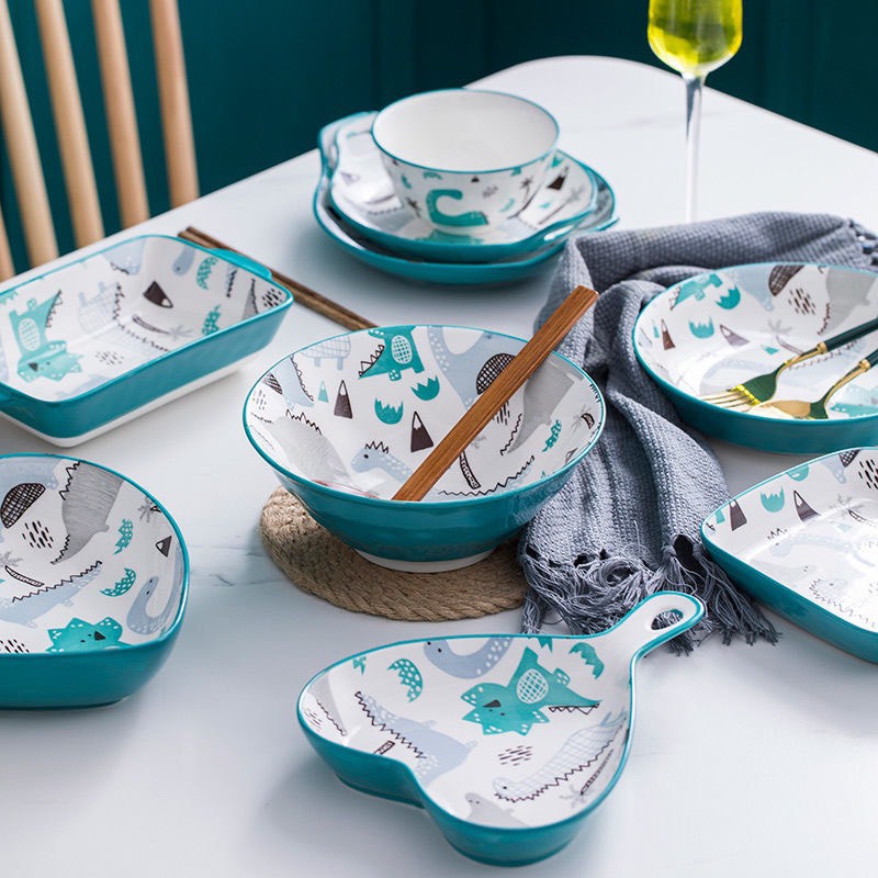 Bộ bát đĩa sứ TAGEPI, set bát đĩa bằng sứ họa tiết khủng long - bộ bát đĩa ăn cơm, chén dĩa decor món bằng sứ men đẹp