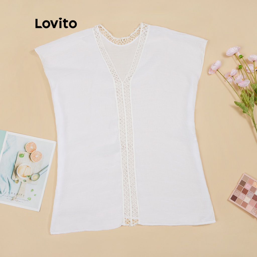 624 DELIST VN Áo khoác ngoài đi biển Lovito phong cách Boho màu trơn xuyên thấu cắt xẻ xẻ bên L18X401 (Màu trắng/màu đen)
