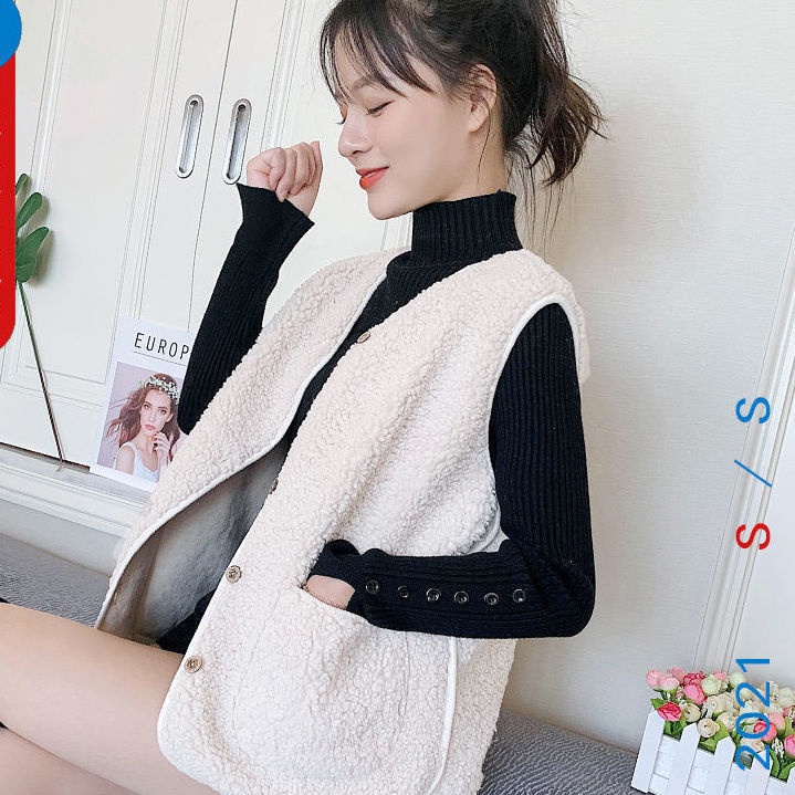 Áo khoác lông cừu sát nách dáng ngắn phong cách Hàn Quốc cho nữ