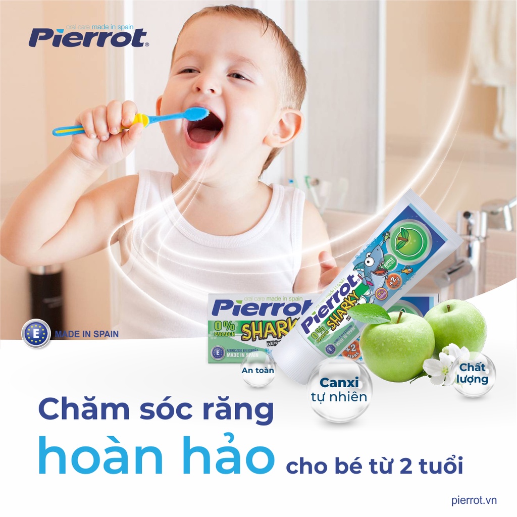 [Tặng cạo lưỡi] Gel đánh răng trẻ em Pierrot Sharky Calci hữu cơ hương táo 75ML