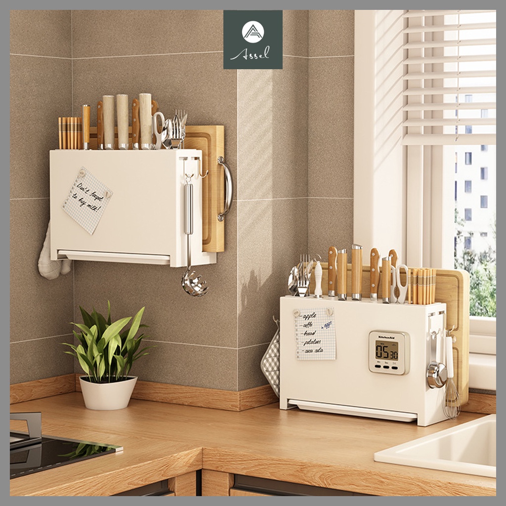 Bộ kệ để đồ nhà bếp treo tường sơn tĩnh điện, gồm kệ để gia vị, bát chén đĩa, dao đũa, móc treo muỗng, vung thớt