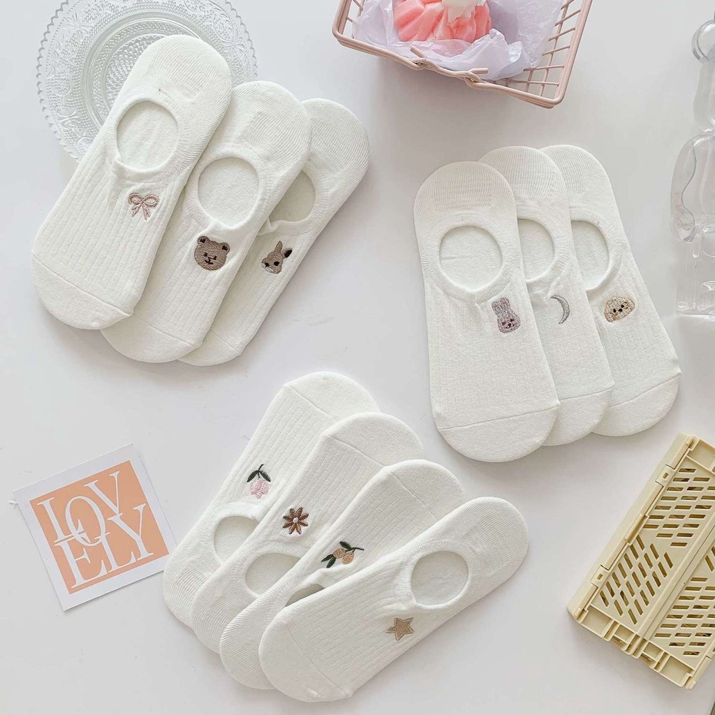 Vớ Thuyền Mỏng Vô Hình Màu Trắng Vô Hình Chống Trượt Thoáng Khí Thêu Hình Hoạt Hình Phong Cách Đặc Biệt Kiểu Mới Cho Nữ ins