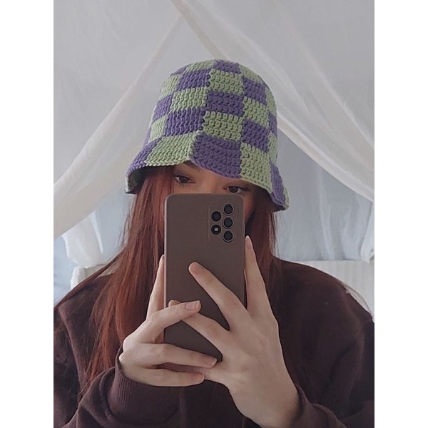 Checkered Bucket Hat Crochet, Nón sọc caro handmade bằng len Tiệm thủ công đan móc