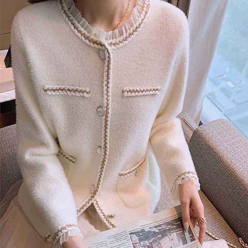 khoác lông viền bèo trắng