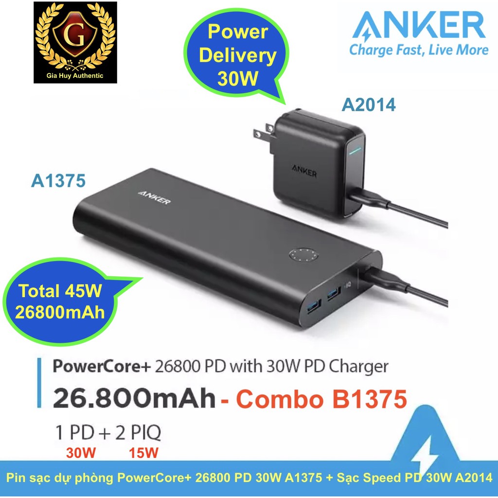 Combo: Pin sạc dự phòng ANKER PowerCore+ 26800mAh 45W + Củ Sạc ANKER A2014 PD 30W