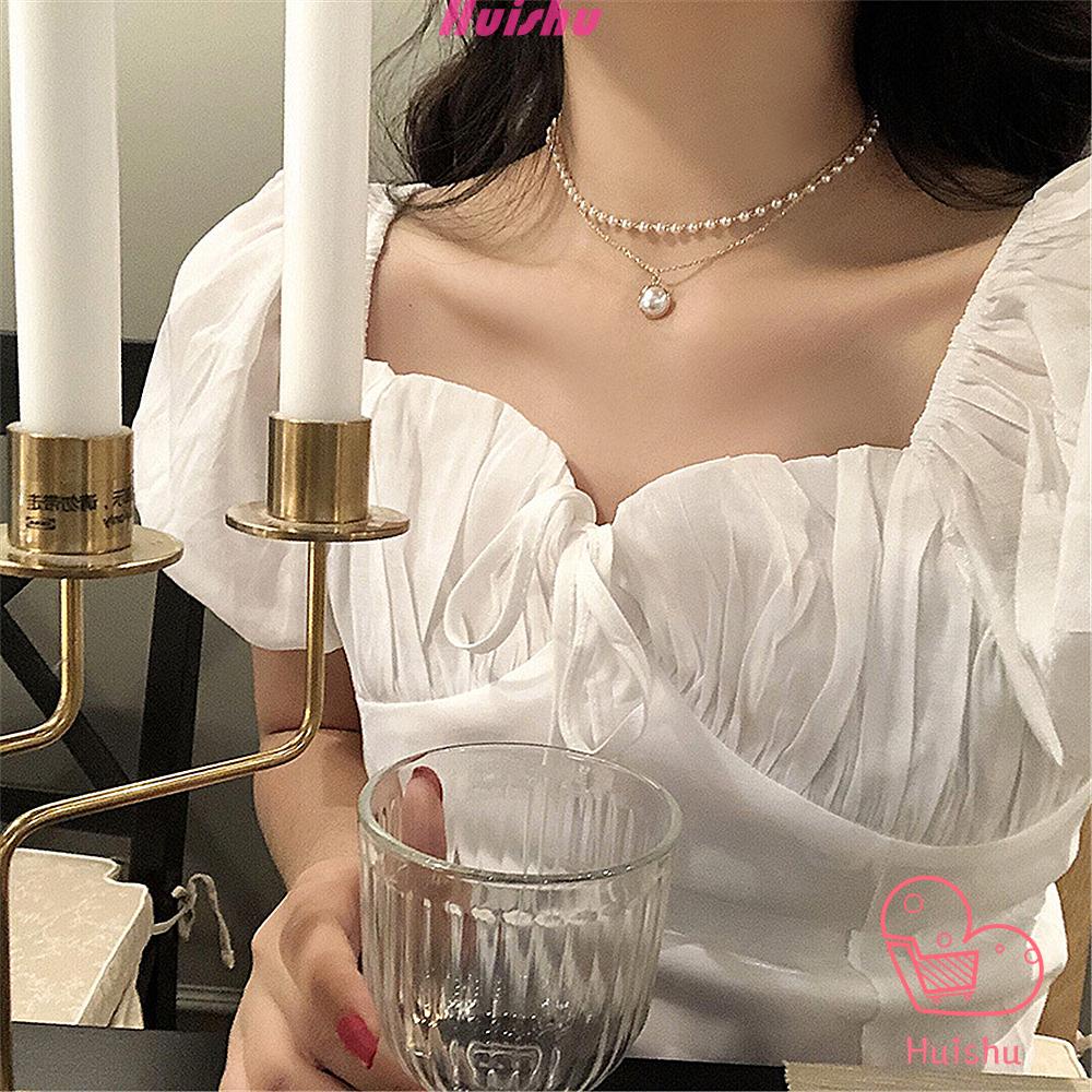 Vòng Cổ Choker Hai Lớp Đính Ngọc Trai Thời Trang Mùa Hè 2021 Cho Nữ