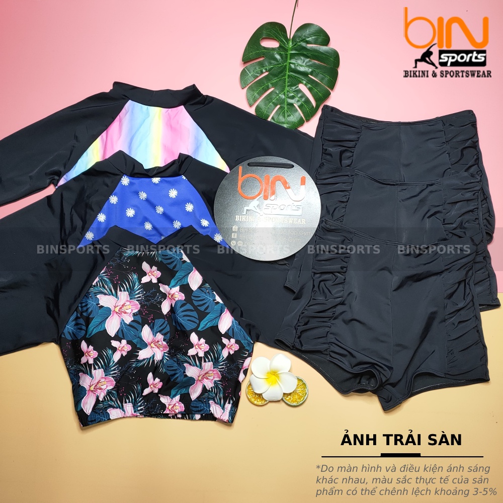 Bộ Đồ Bơi Nữ 2 Mảnh Quần Đùi Cạp Cao Aó Crop Dài Tay Bin Sports BHV093
