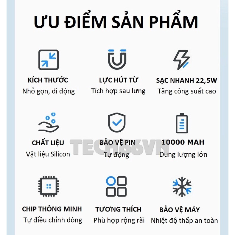 Sạc dự phòng không dây sạc nhanh dung lượng 10000mah mini nhỏ gọn cao cấp cho từ iphone 8/X/11/12/13