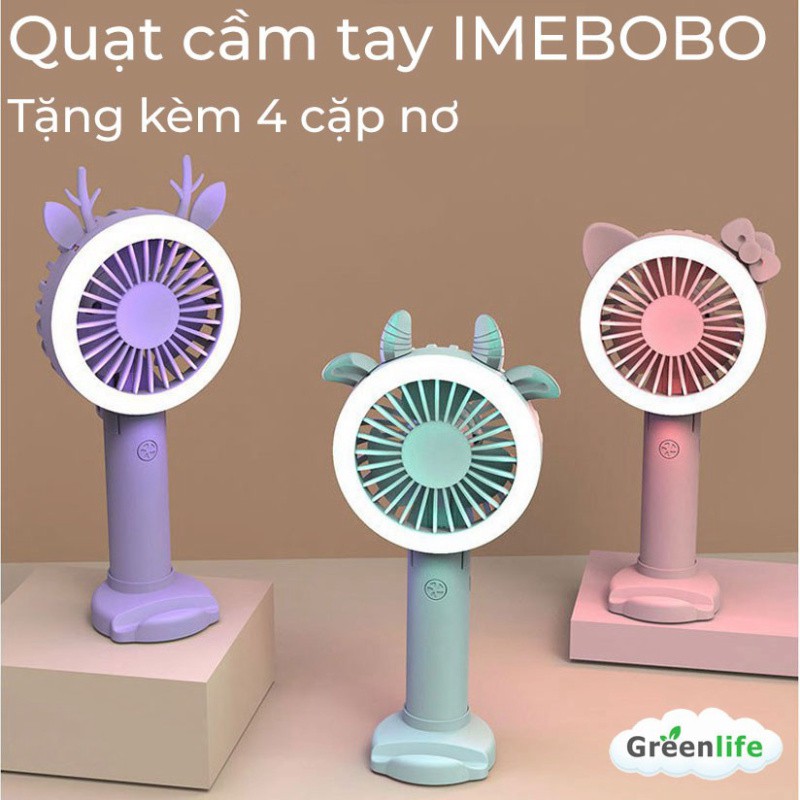 Quạt cầm tay IMEBOBO quạt cầm tay tích điện mini 3 tốc độ tặng kèm 4 cặp nơ trang trí siêu cute