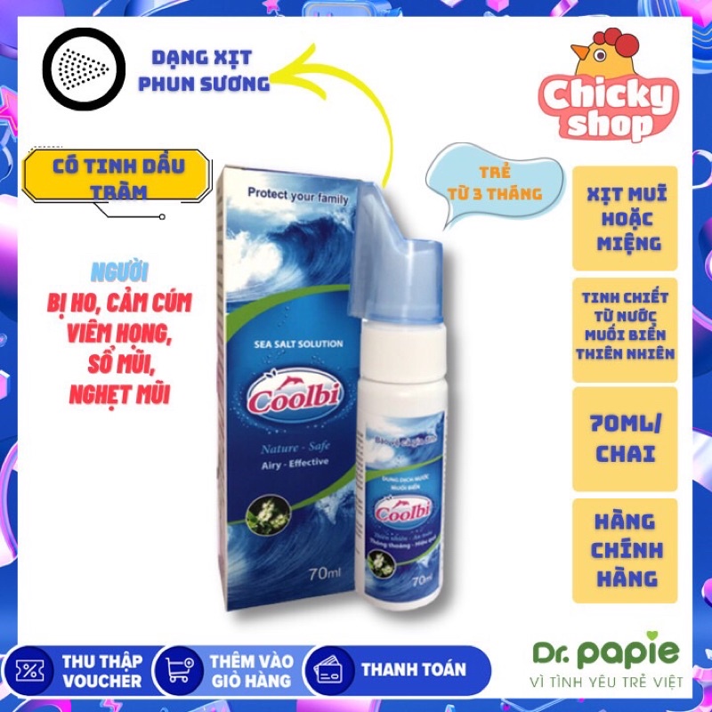 Xịt muối biển Coolbi của Dr.Papie (nước muối biển+tinh dầu tràm xịt mũi họng)