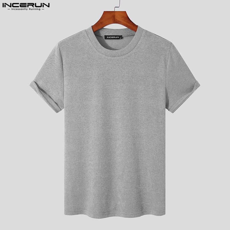 Áo thun tay ngắn cổ tròn INCERUN 4 màu thiết kế đơn giản cho nam