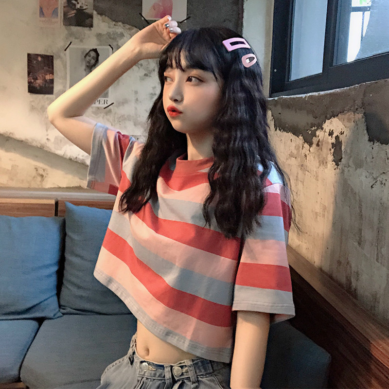 Áo Thun Croptop Kẻ Sọc Phong Cách Hàn Quốc Xinh Xắn Cho Nữ