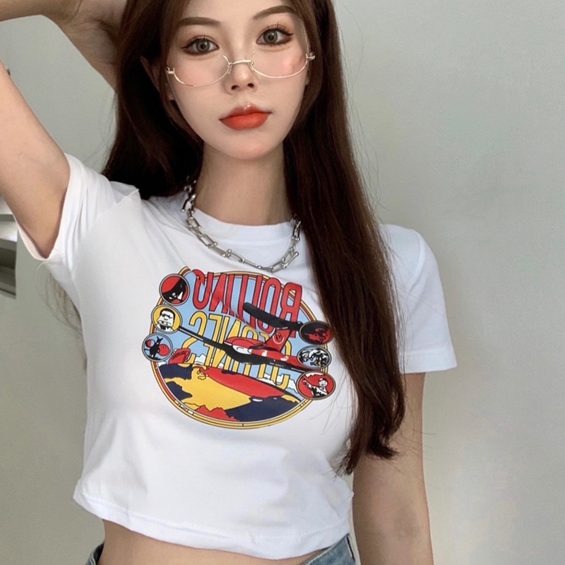 Áo Thun Cotton Ngắn Tay Lưng Cao In Họa Tiết Thời Trang Mùa Hè Cho Nữ