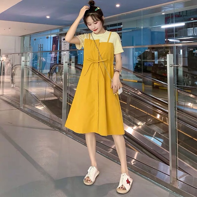 {Order bigsize,M-4Xl}Váy liền thân vàng dáng yếm dây rút eo | BigBuy360 - bigbuy360.vn