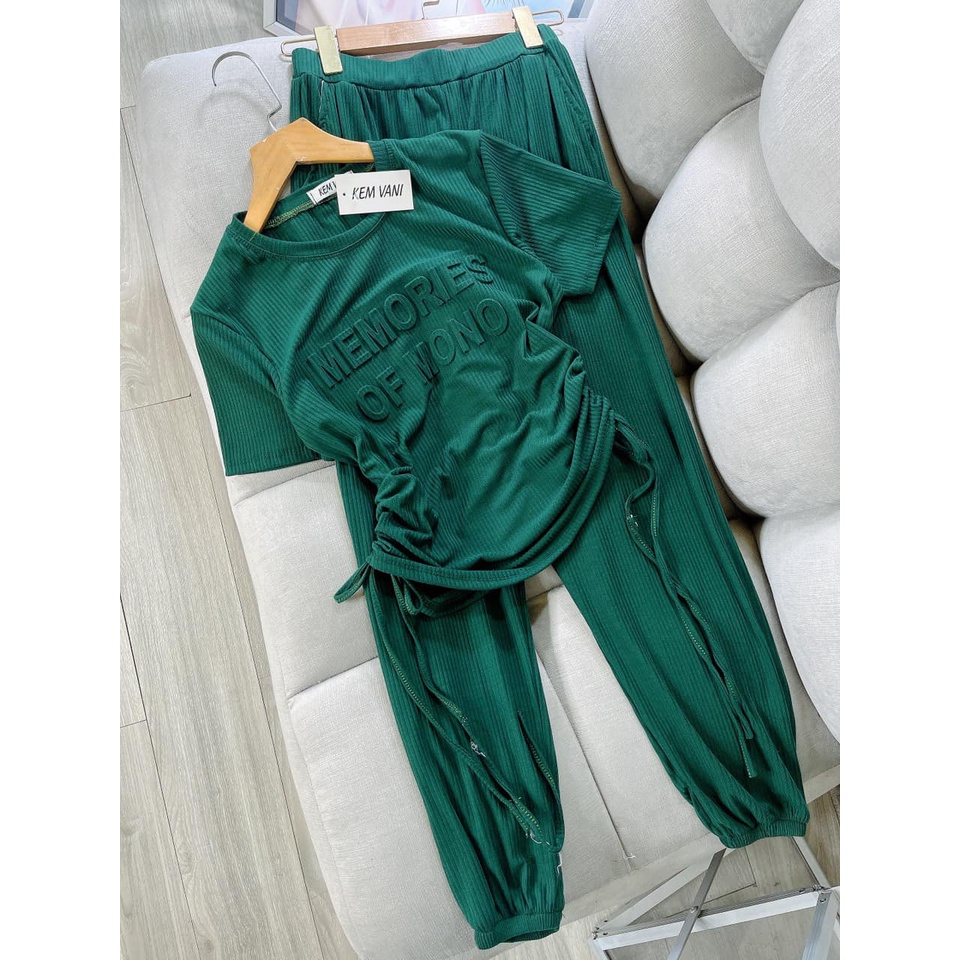 Đồ bộ nữ, set đồ bộ quần baggy bo lai đai cao có túi và áo ôm ngắn tay cổ tròn rút dây 2 bên chữ nổi vải thun cotton gân