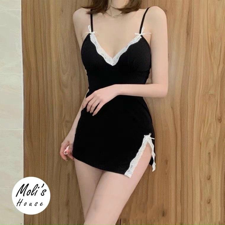Đầm ngủ hai dây phối ren viền nơ xẻ tà sexy tặng kèm chip
