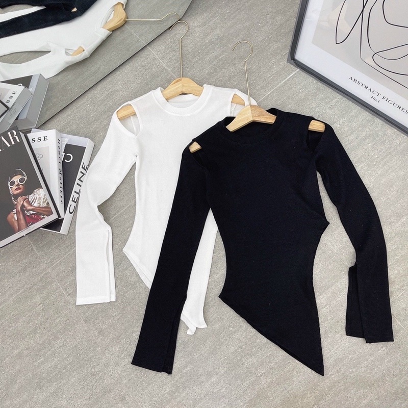 Áo croptop ôm body hở vai lạ mắt vạt tam giác lệch nhọn dài tay xẻ tà 287 FIORI STORE
