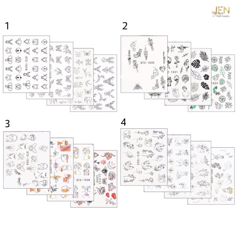 Sticker nước dán móng vẽ nét-Set 4 tấm
