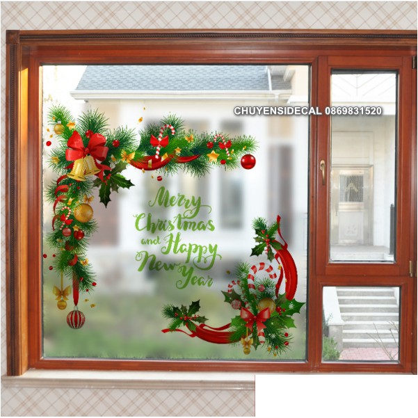 Decal Dán Kính Cao Cấp - Vòng Hoa Nguyệt Quế Merry Christmas ( 60x58cm )