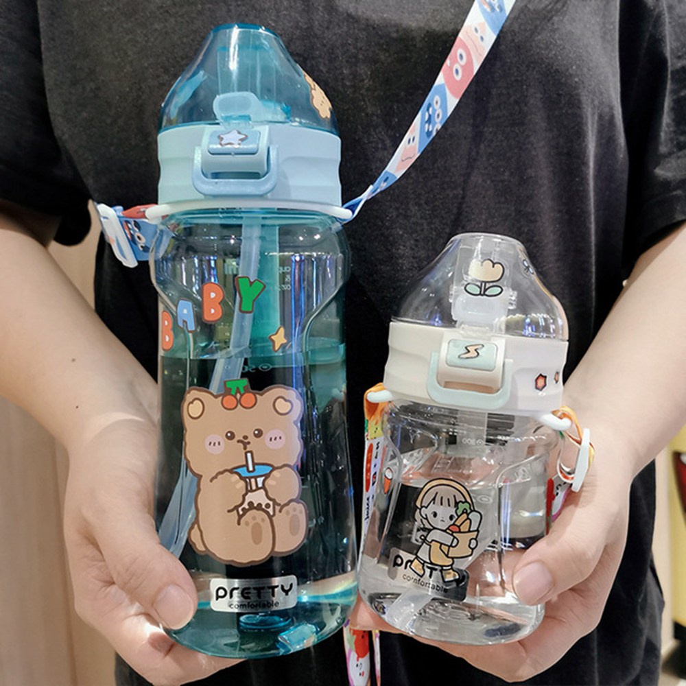 Bình Nước 350ml - 1100ml Có Ống Hút Và Dây Đeo Hình Thỏ Gấu Dễ Thương Cho Bé