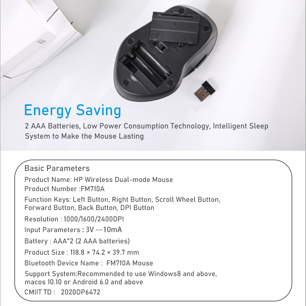 Chuột Không Dây HP FM710A 2.4G Và Bluetooth Độ Phân Giải Cao 3DPI Cho Máy Tính