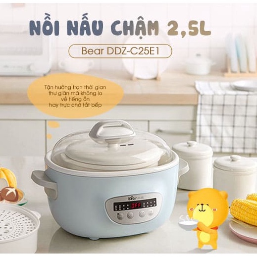 Nồi Nấu Cháo Cho Bé_Nồi Nấu Chậm_Hầm Cháo Đa Năng, Kèm Lồng Hấp_Bear Dung Tích 0.8L- 1L - 1,6L - 2,5L- Bảo Hành 18 Tháng