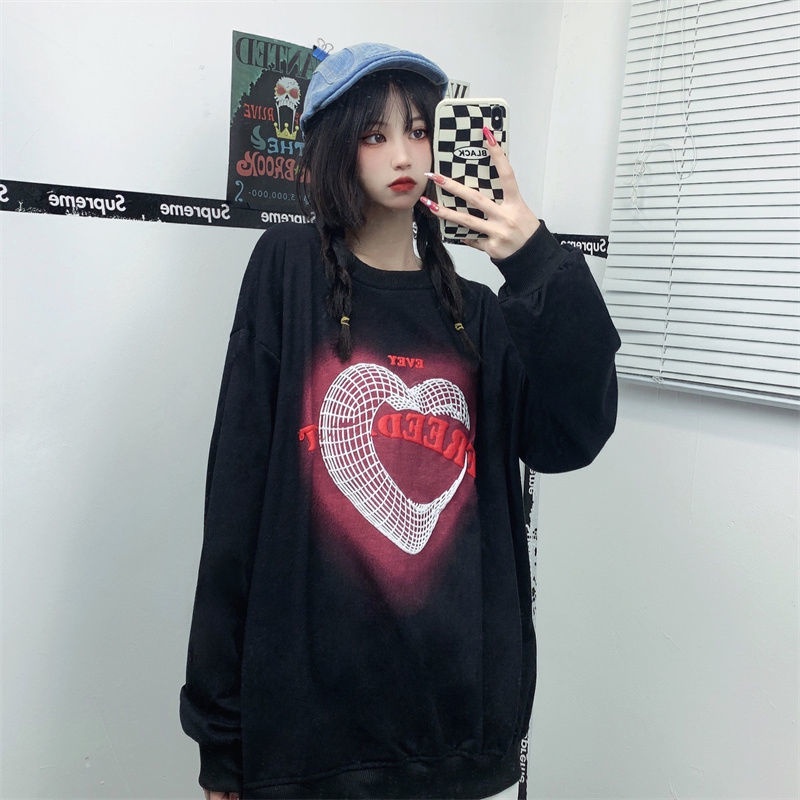 ZHELIHANGFEI Áo Sweater Dáng Rộng Hoạ Tiết Trái Tim Hợp Thời Trang