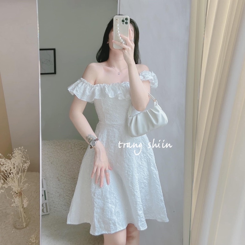 ĐẦM XỐP BẸT VAI BÈO MIDI TRẮNG