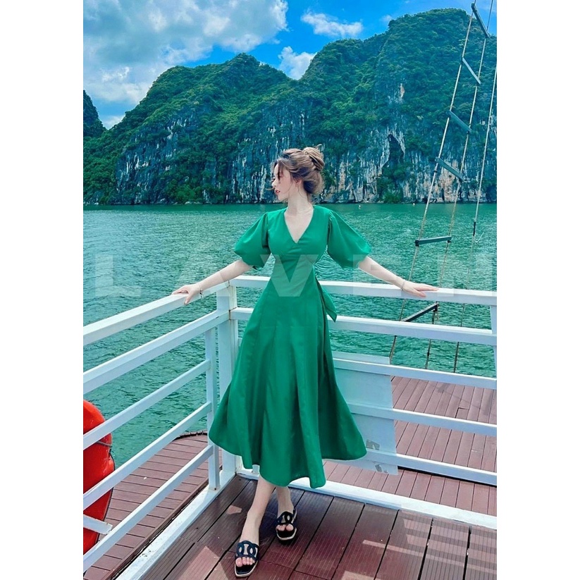 (Sale FreeShip) Đầm nữ dáng xòe,thiết kế cổ V tay phồng hở lưng cột nơ,tone màu xanh hottren tôn da,chất lụa 2 lớp