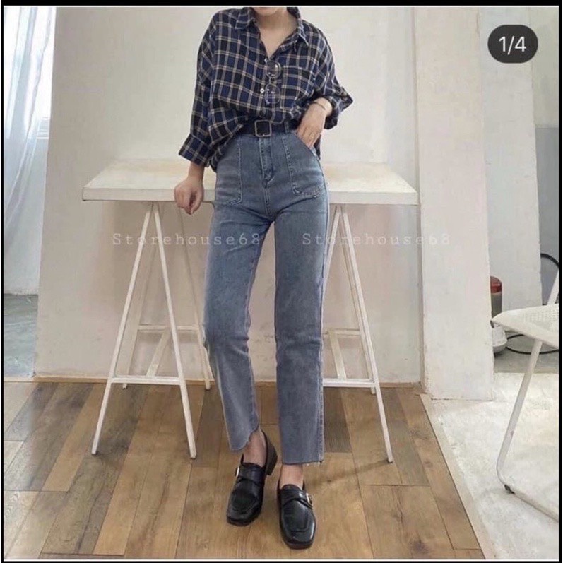 Quần jeans nữ, suông ống đứng cạp cao túi trước co giãn 4 chiều Q11 SEMCLOTHES | WebRaoVat - webraovat.net.vn