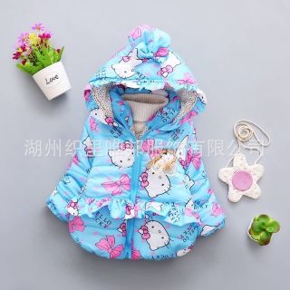 Áo khoác phao bé gái màu xanh con mèo 12kg-15kg
