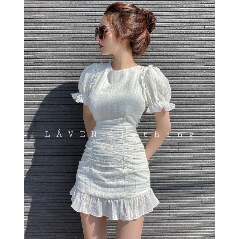 Đầm tay bồng nhún bèo khoét lưng | BigBuy360 - bigbuy360.vn