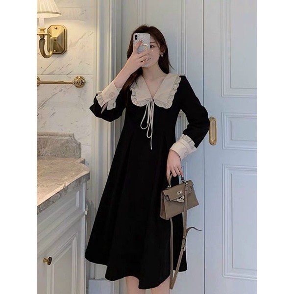 ĐẦM NỮ CHỮ A MÀU ĐEN CÓ CỔ VIỀN TRẮNG THẮT NƠ #ĐẦM
