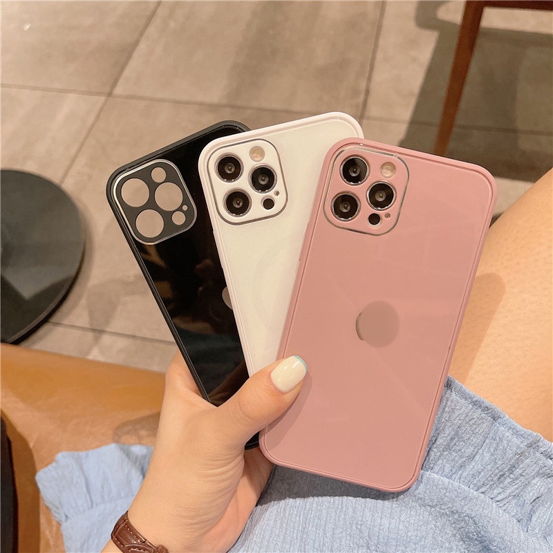 Ốp Điện Thoại Mặt Kính Viền Vuông Màu Trơn Đơn Giản Cho IPhone 13 12 11 Pro Max XS Max XR X 8 7 Plus