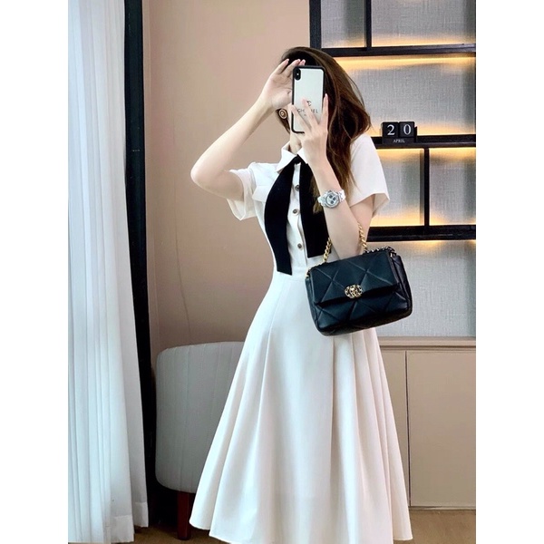 🎀Đầm trắng dáng xòe cổ sơmi kèm ribbon dự tiệc, công sở, dạo phố xinh xắn 🎀