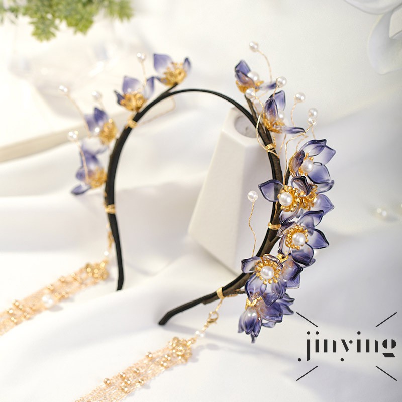 GETNOIVAS Cài tóc phối tua rua xỏ ngọc trai và hoa xanh dương phong cách Trung Hoa handmade