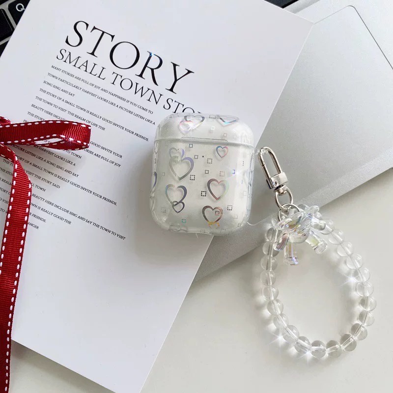 Vỏ case tim đổi màu mix móc ngọc, móc gấu sang chảnh - Ốp bảo vệ, bao đựng tai nghe airpods 1 2 3 PRO