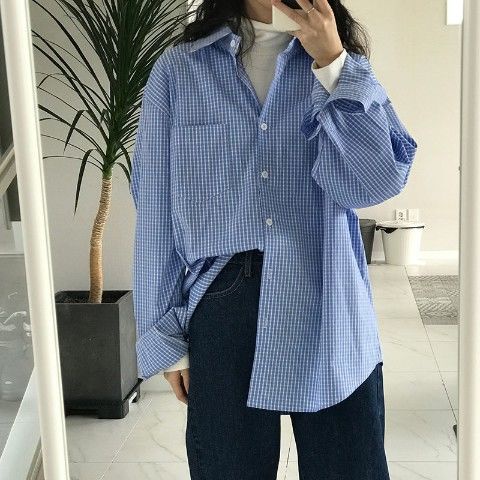 Mới Áo Sơ Mi Tay Dài Dáng Rộng Kẻ Ca-Rô Trẻ Trung Phong Cách Hàn Quốc Cho Bạn Gái