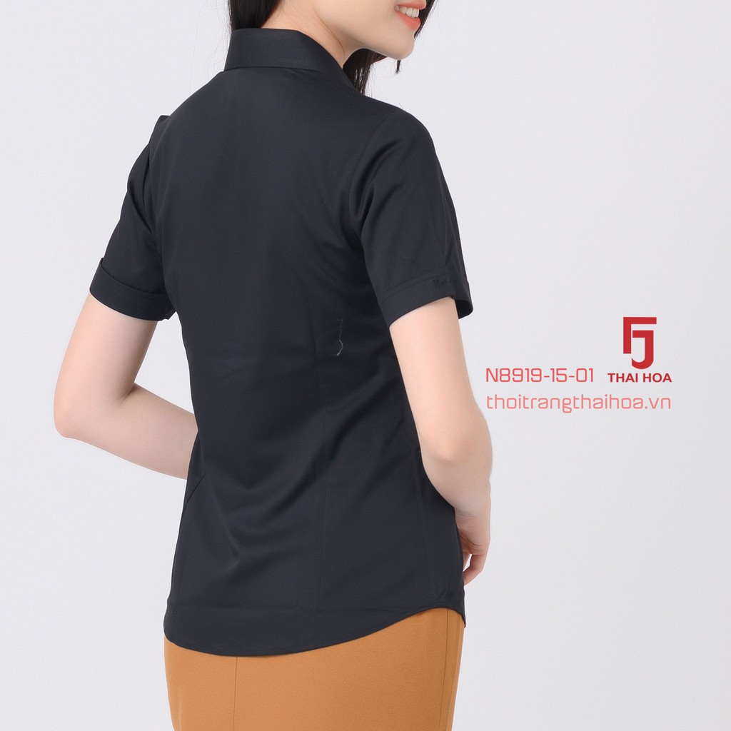 Áo sơ mi nữ công sở đen ngắn tay cao cấp kiểu bigsize sợi tre Thái Hoà N8919-15-01