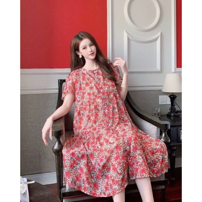 Đầm váy Bầu thiết kế ĐẸP RẺ, vải Voan 2 lớp tay bồng xinh xắn, FREESIZE mặc thoải mái suốt thai kì