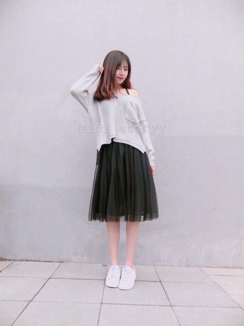 Chân váy Midi Cara Skirt thiết kế kiểu công chúa hàng nhập quảng châu sau lưng bo chun co giãn váy màu trắng và màu đen | BigBuy360 - bigbuy360.vn