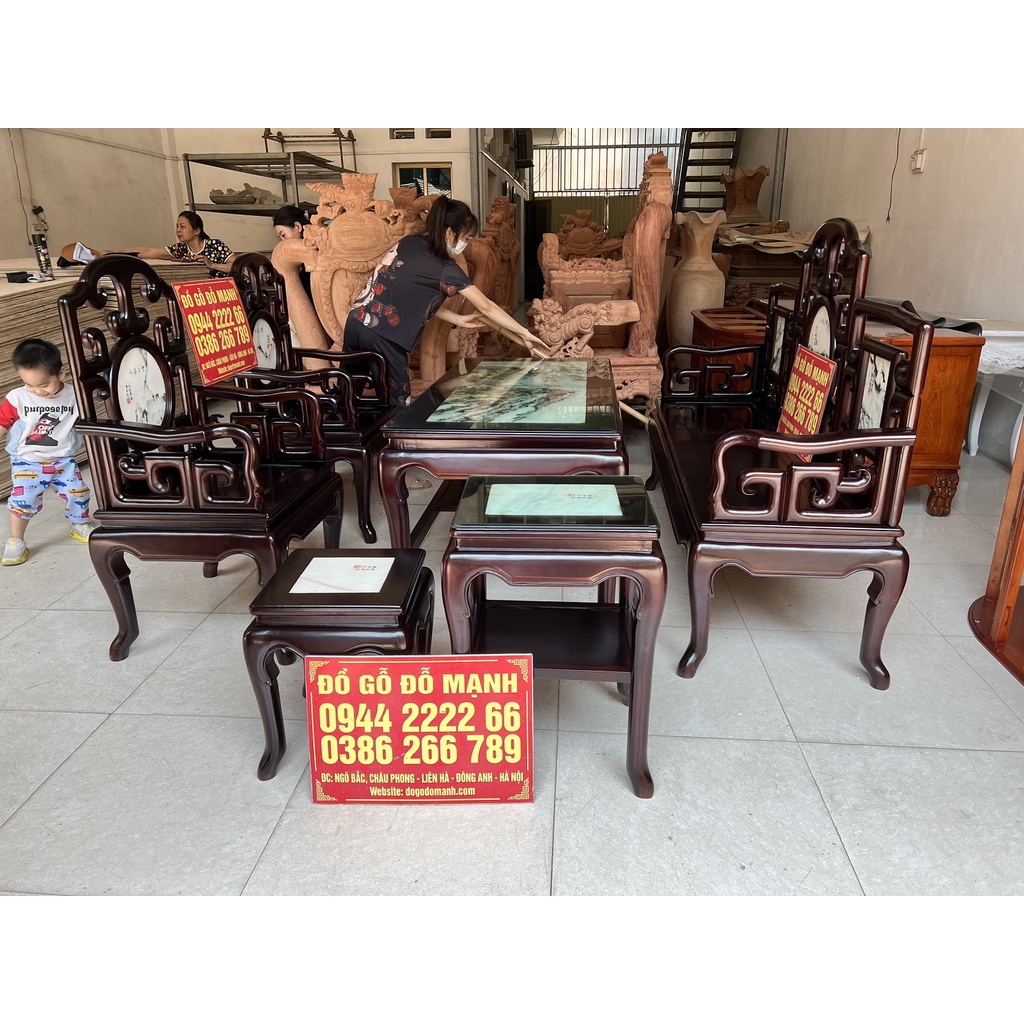 Bộ Bàn Ghế Guột Móc Mỏ Khảm Đá Gỗ Gụ