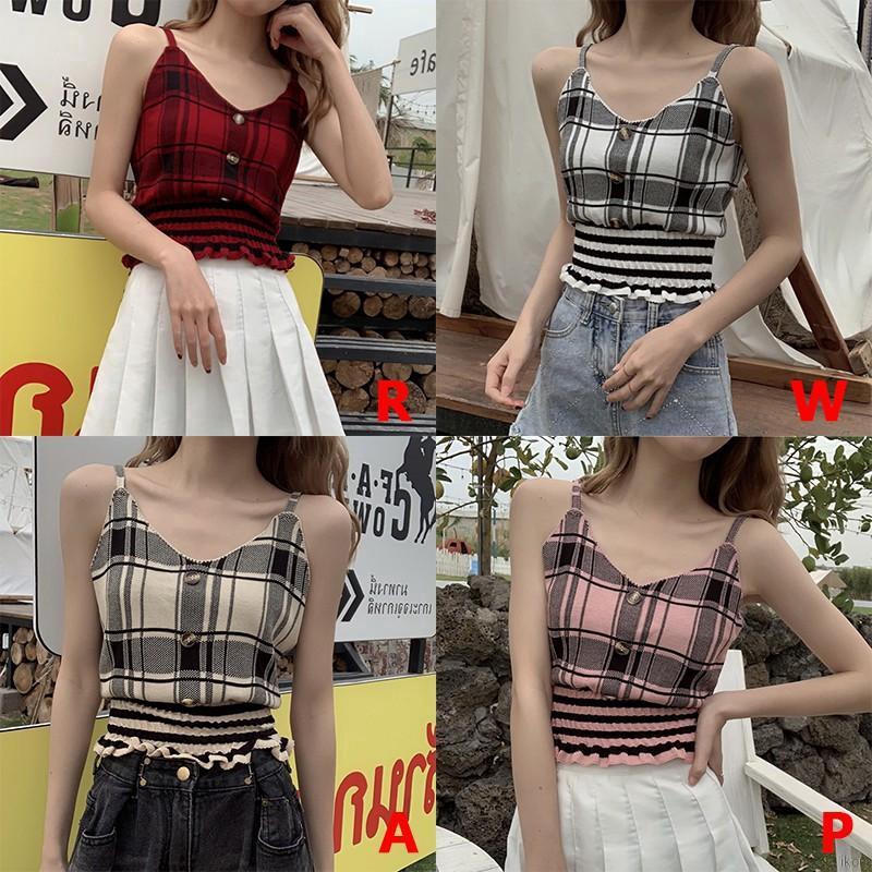 Áo Hai Dây Cổ Chữ V Họa Tiết Caro Quyến Rũ