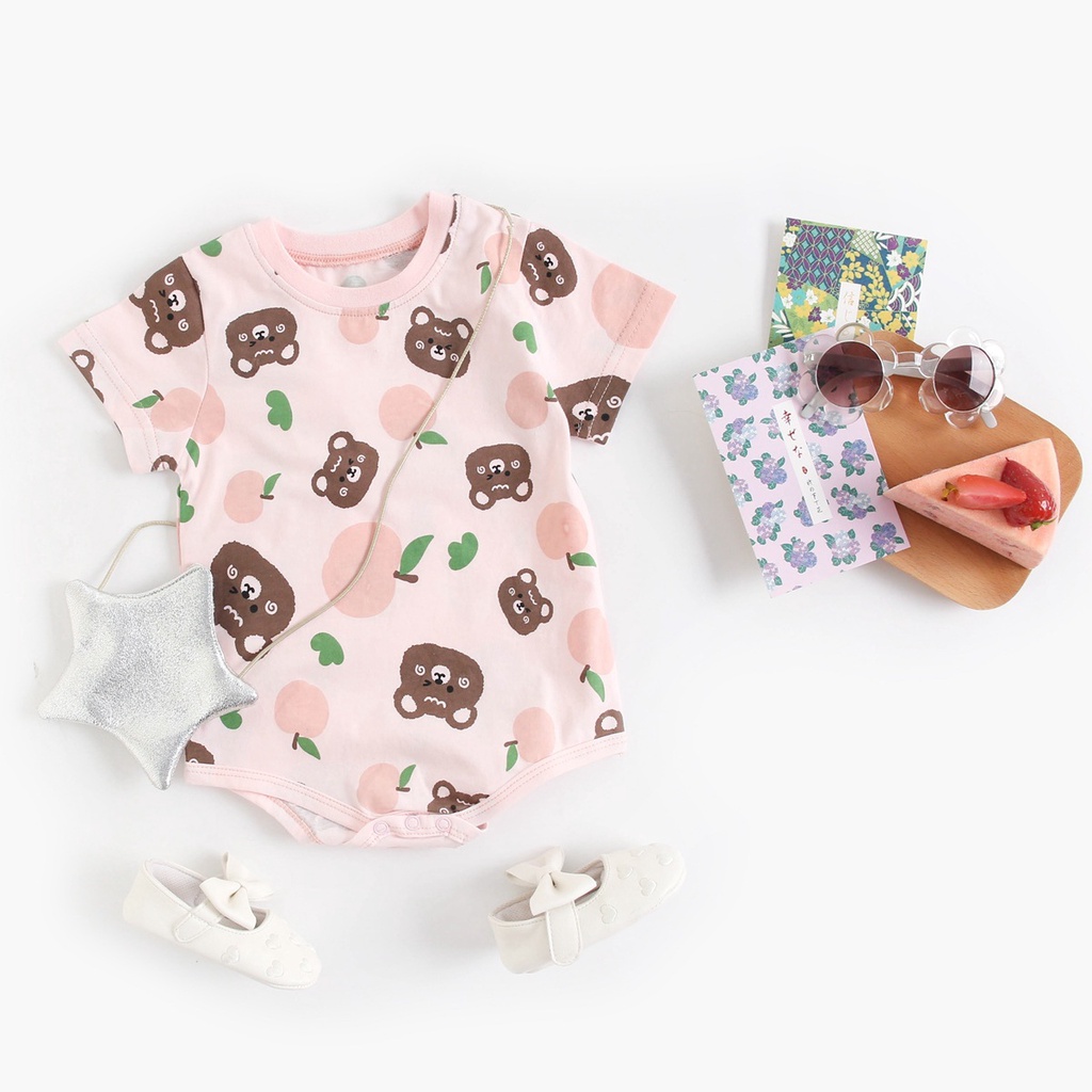 Áo Liền Quần Bằng Cotton Nguyên Chất Tay Cộc In Hoạt Hình Động Vật Phong Cách Hàn Quốc Thời Trang Mùa Hè Cho Bé Sơ Sinh